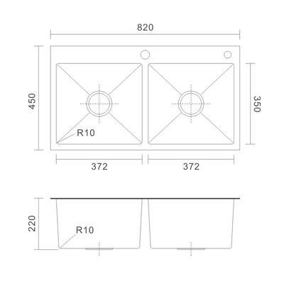 Topmount Stainless Steel Kitchen Sink Cabinet Double Bowl 16 Gauge 82x45