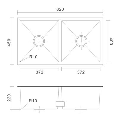 Topmount Stainless Steel Kitchen Sink 50 / 50 Double Bowl 18 Gauge 82x45