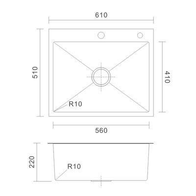 10 Degree Top Mount Stainless Sink , Brushed 25 X 19 Single Bowl Sink