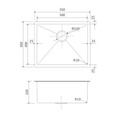 21 5/8" 550mm 1 Bowl Brushed Stainless Steel Undermount Kitchen Sink 55x45