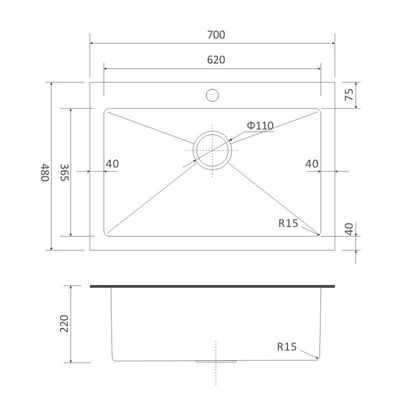 70x48 Tempered Glass Kitchen Sink 28' Undermount Single Bowl
