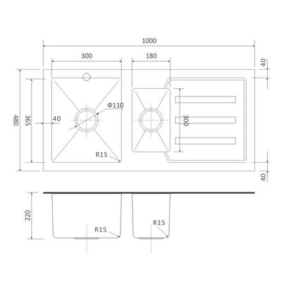 40' Sliver Tempered Glass Kitchen Sink 16 Double Bowl 100x48