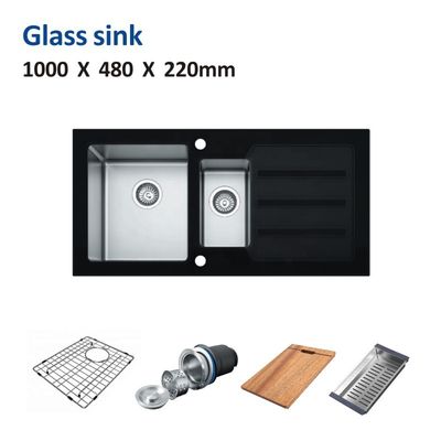 40' Sliver Tempered Glass Kitchen Sink 16 Double Bowl 100x48