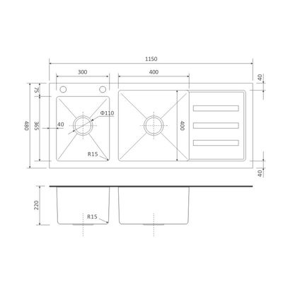 Brushed Cabinet Black Glass Kitchen Sink 45' Cabinet 16 Double Bowl 115x48