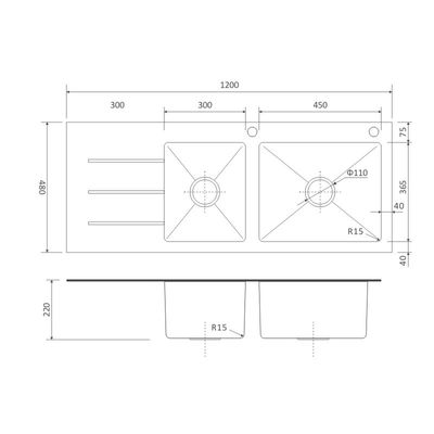 Double Bowl Tempered Glass Kitchen Sink 47' Square Brushed 120x48