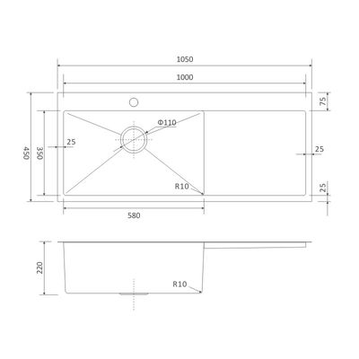 42' Undermount Drainboard Kitchen Sink  Single Bowl 105x45