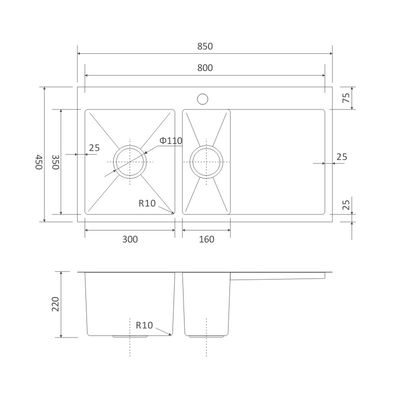 28 Inch Drainboard Kitchen Sink Topmount Double Bowl 16 Gauge 85x45