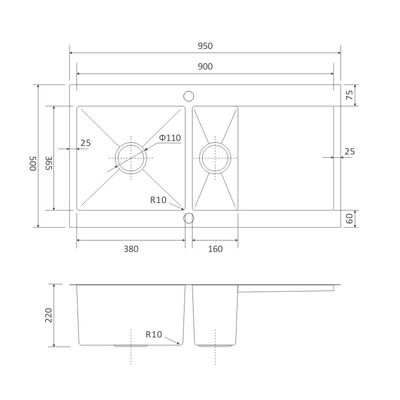 38inch Brushed Top Mount Kitchen Sink 16 Gauge Double Bowl 95x50