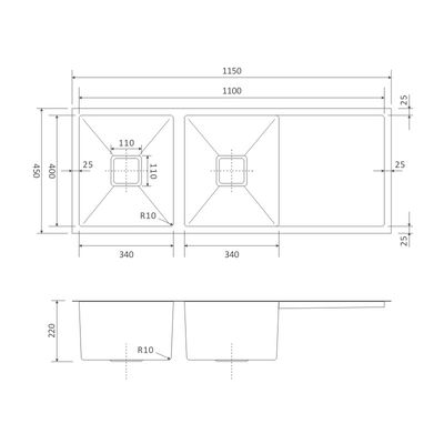 115x45 Drainboard Kitchen Sink Square Undermount 16 Gauge Double Bowl