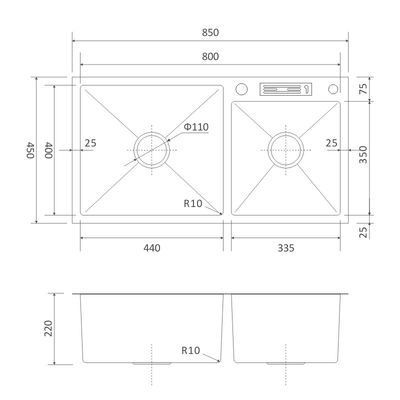 Brushed Steel Kitchen Multifunction Sink 34' Topmount Double Bowl 85x45