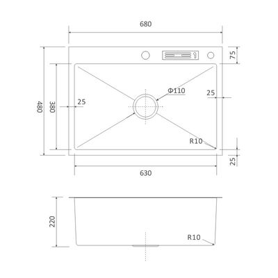 27' Undermount Single Bowl Stainless Steel Kitchen Sink 16 Gauge Knife Holder 68x48
