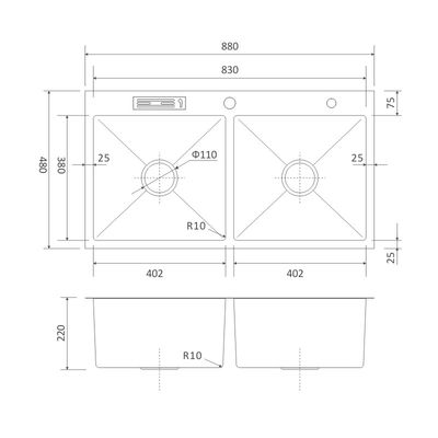 Multifunction 35 Inch Double Bowl Stainless Steel Kitchen Sink Top Mount 88x48