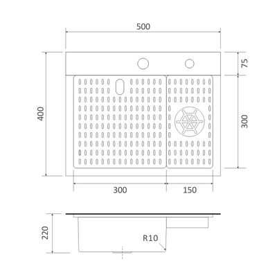 Black PCD Cup Rinser Sink Stainless Steel Handmade 16 Gauge Single Bowl 50x40