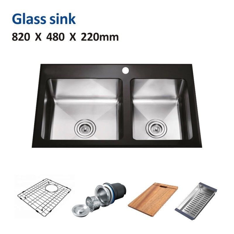 60 40 Tempered Glass Kitchen Sink Stainless Steel  32' 16 Double Bowl 82x48
