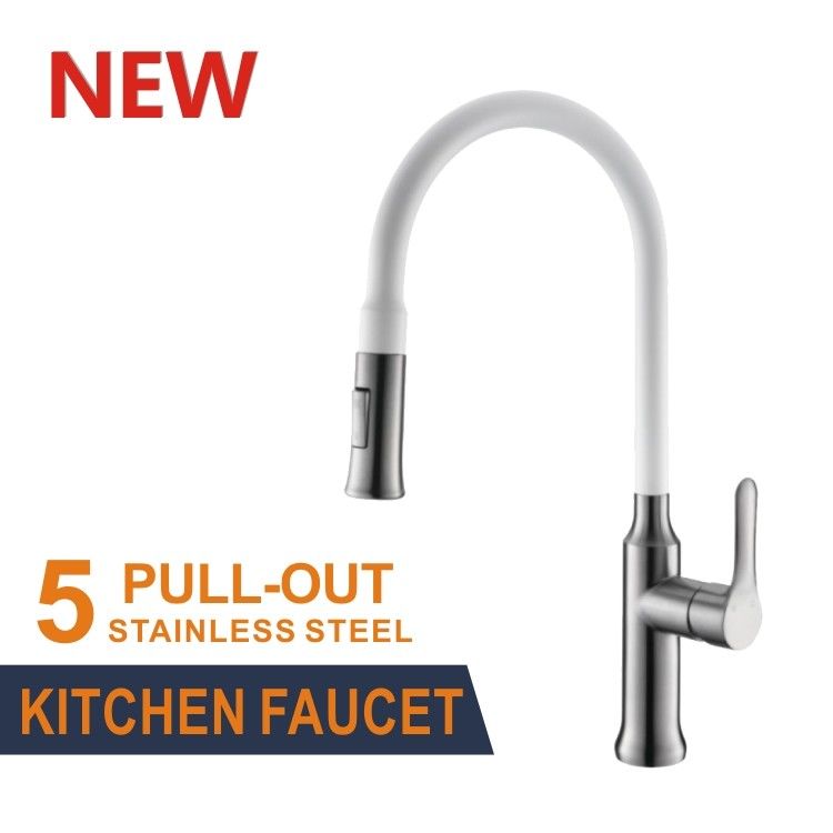 80cm Stainless Steel Kitchen Faucet White Single Handle Brushed Pull Out Mixer