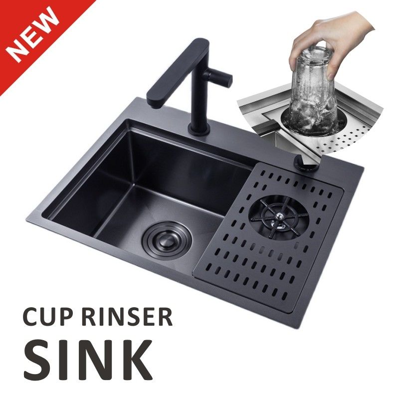Black PCD Cup Rinser Sink Stainless Steel Handmade 16 Gauge Single Bowl 50x40